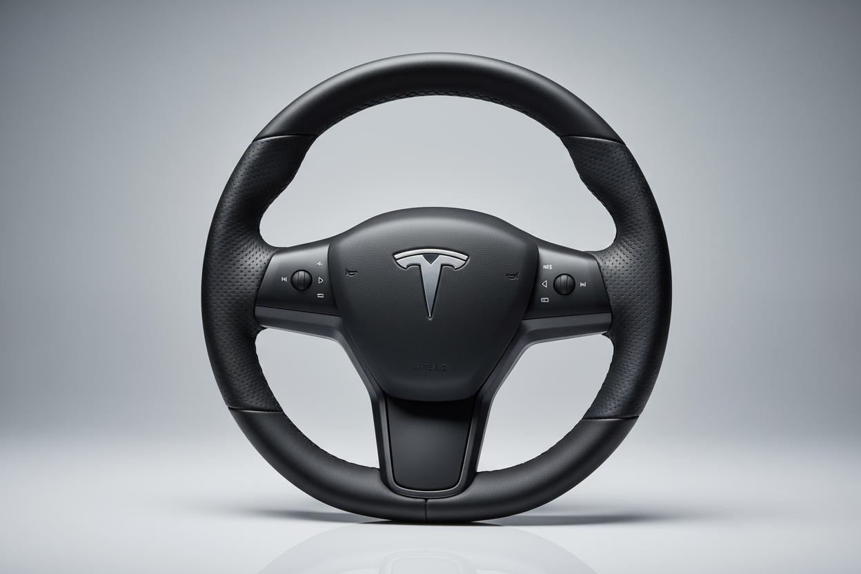 Can you please generate me an image about a steering wheel product I want to share a story about a tesla steering wheel on my product